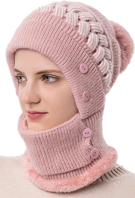 Women One Piece Slouchy Fleece Beanie Hats Scarf Mask Warm Winter Knitted Hat Thick Skull Ski Cap