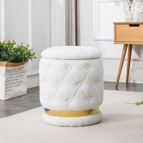 White/Pink Round-Shape Chair Teddy Velvet Makeup Stool Footstool with Storage Space Applicable to Living Room Bedroom Dresser