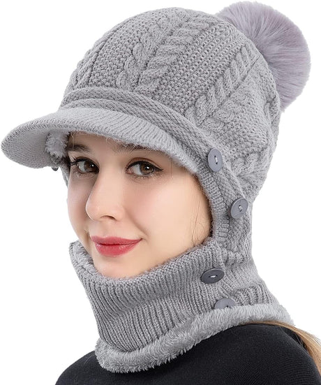 Women One Piece Slouchy Fleece Beanie Hats Scarf Mask Warm Winter Knitted Hat Thick Skull Ski Cap