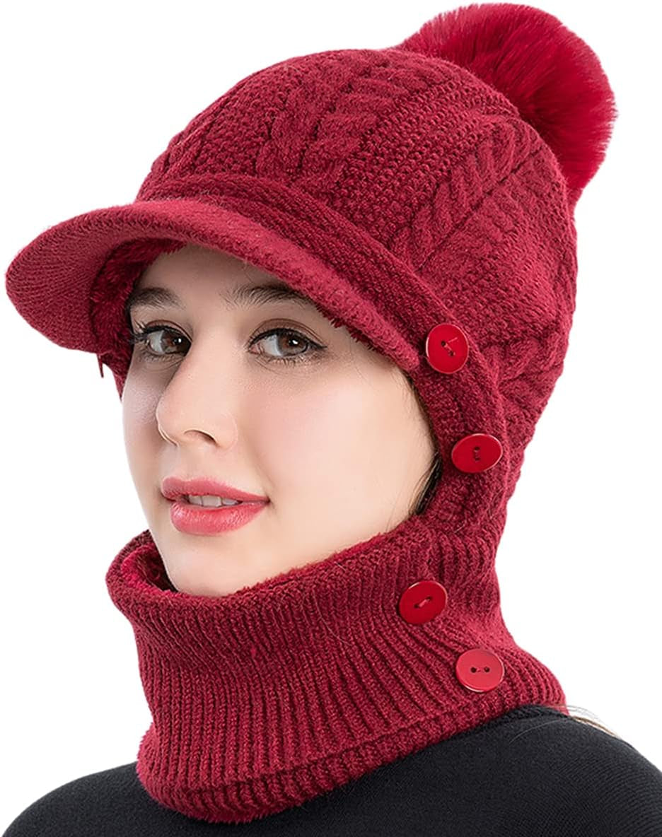 Women One Piece Slouchy Fleece Beanie Hats Scarf Mask Warm Winter Knitted Hat Thick Skull Ski Cap