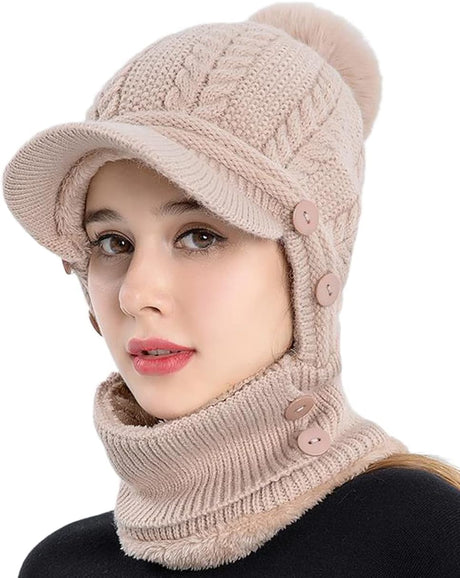 Women One Piece Slouchy Fleece Beanie Hats Scarf Mask Warm Winter Knitted Hat Thick Skull Ski Cap