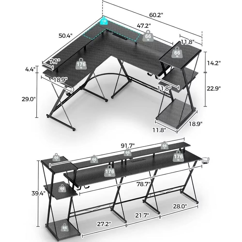 Tv Table for Laptop Bed 50” Reversible Computer Desk with Storage Shelf & Monitor Stand with Headphone Hook Bureau Gaming Chair
