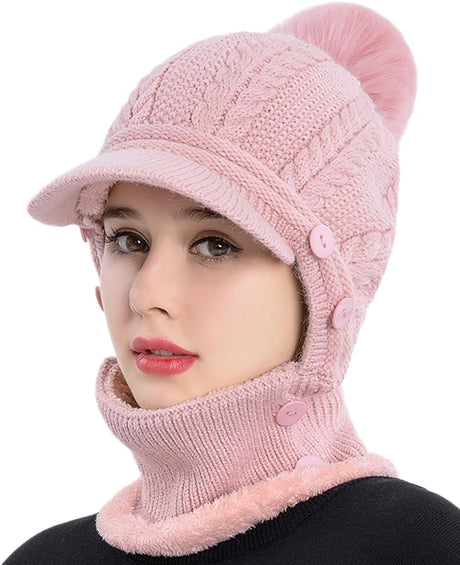 Women One Piece Slouchy Fleece Beanie Hats Scarf Mask Warm Winter Knitted Hat Thick Skull Ski Cap