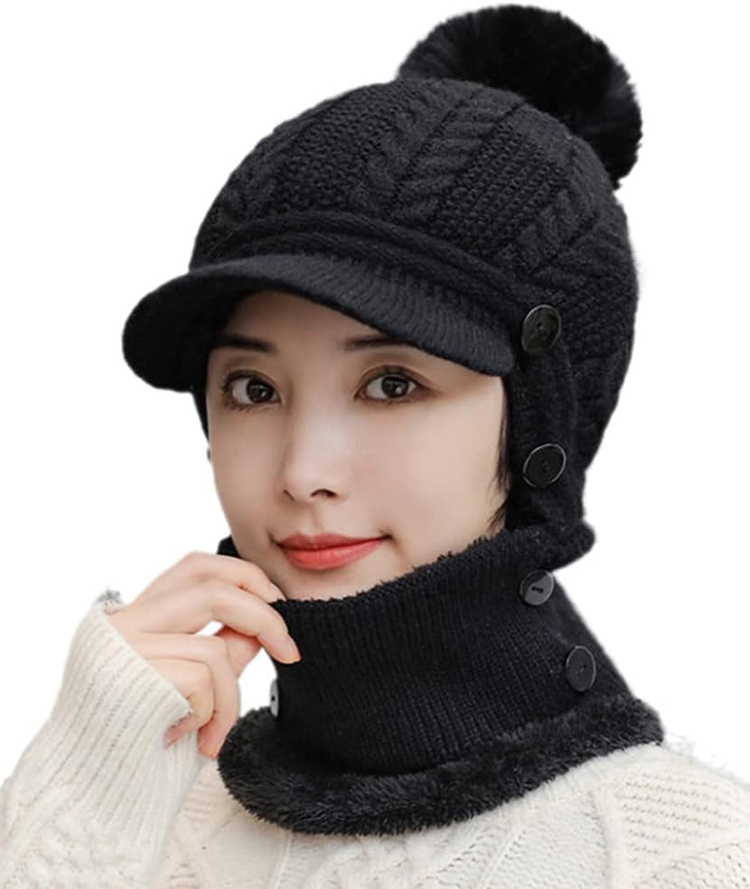 Women One Piece Slouchy Fleece Beanie Hats Scarf Mask Warm Winter Knitted Hat Thick Skull Ski Cap