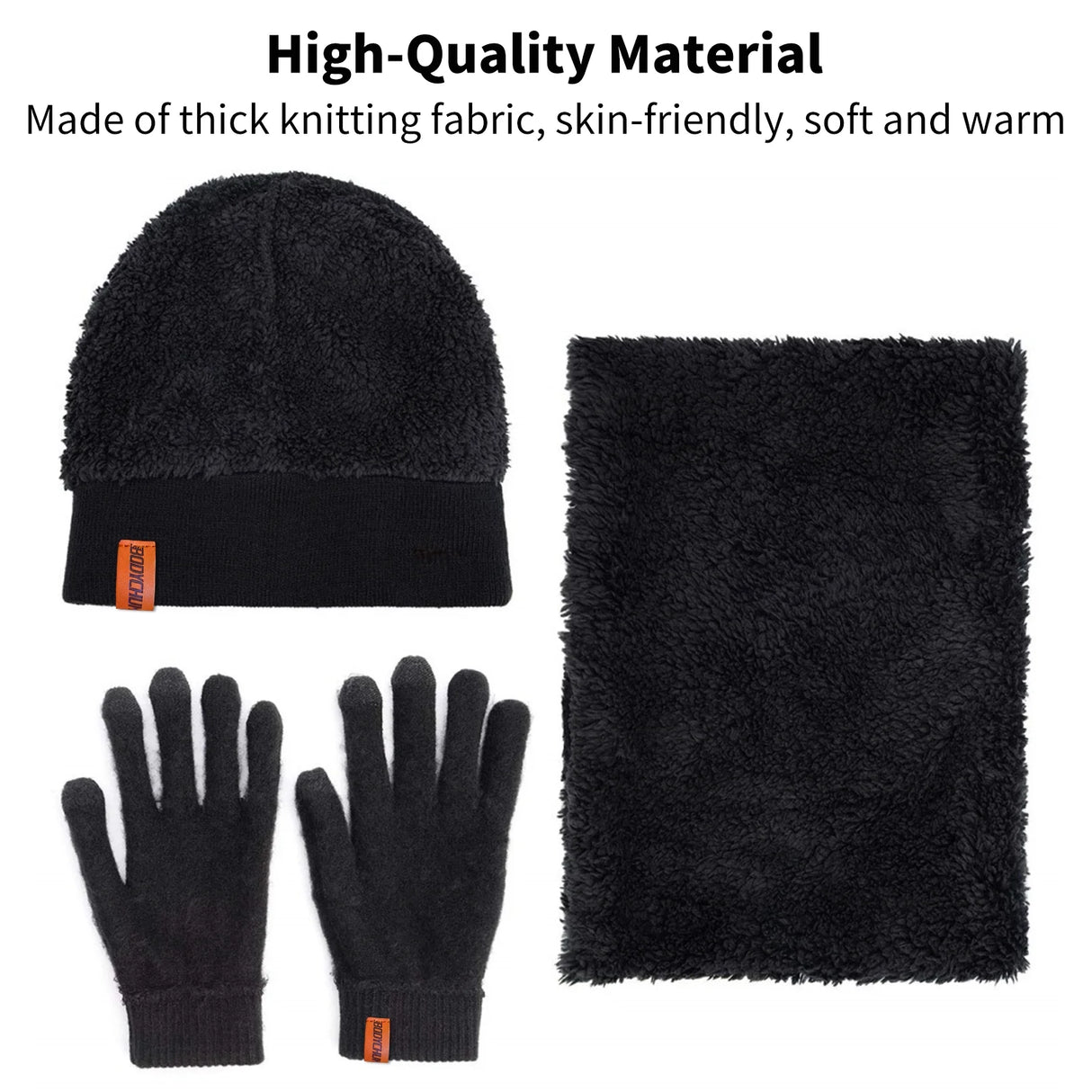 3 Pcs Knit Beanie Hat Scarf and Glove Set for Men and Women, Winter Touchscreen Gloves Fleece Lined Neck Warmer Skull Cap for Skiing, Black, Christmas Day Gifts