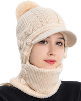 Women One Piece Slouchy Fleece Beanie Hats Scarf Mask Warm Winter Knitted Hat Thick Skull Ski Cap